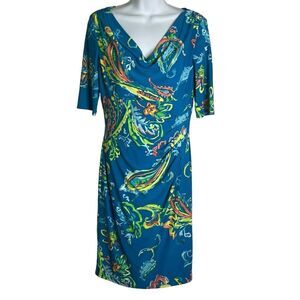Lauren Ralph Lauren 6 Sheath Dress Ruched Jersey Stretch Draped Neck Blue Floral